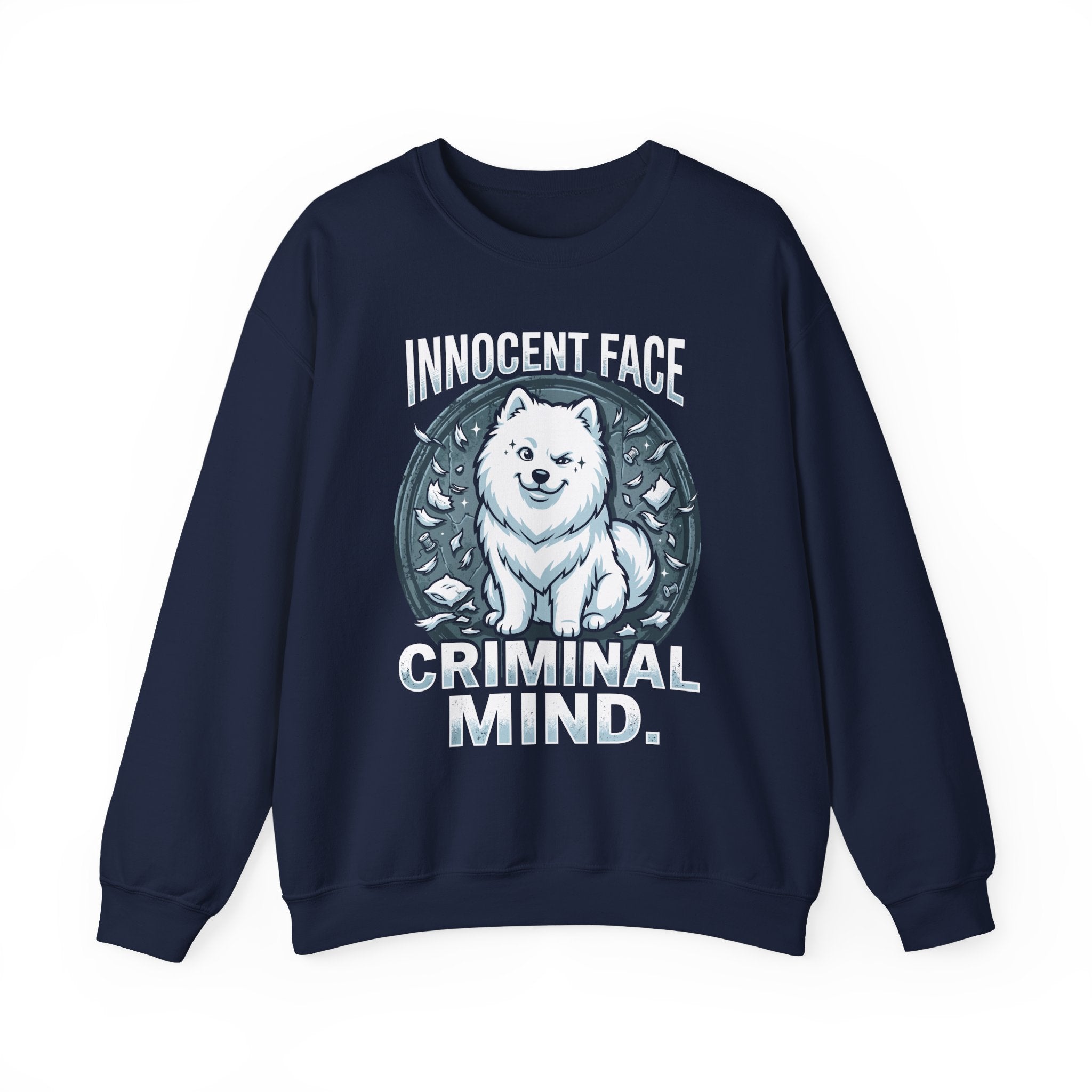 Innocent Face Criminal Mind | Funny Samoyed  Sweatshirt | Samoyed Owner Gift | Fluffy Dog Mom  Dad Crewneck