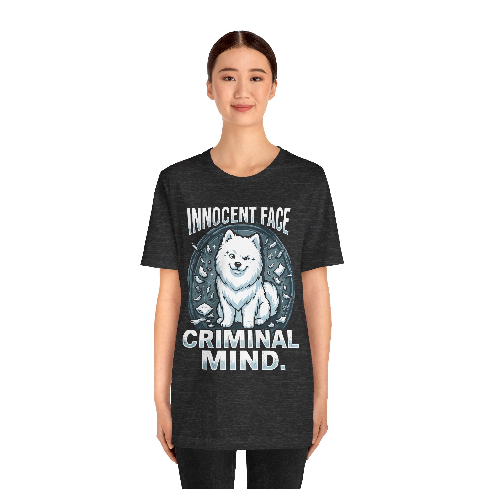 Innocent Face Criminal Mind Samoyed T-Shirt | Funny Samoyed Owner Gift