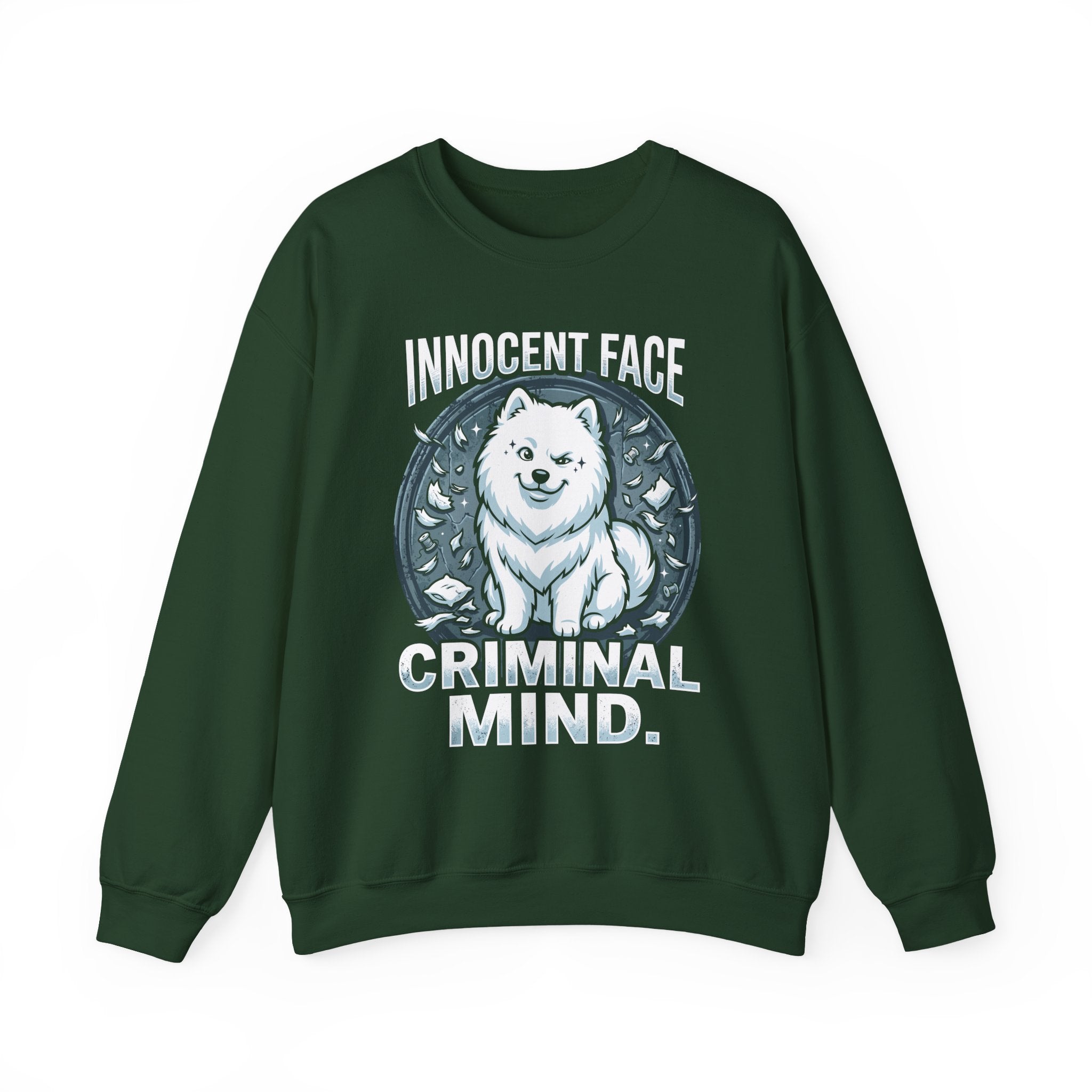 Innocent Face Criminal Mind | Funny Samoyed  Sweatshirt | Samoyed Owner Gift | Fluffy Dog Mom  Dad Crewneck