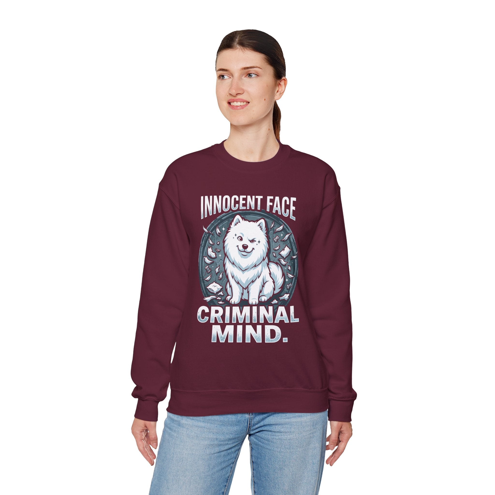 Innocent Face Criminal Mind | Funny Samoyed  Sweatshirt | Samoyed Owner Gift | Fluffy Dog Mom  Dad Crewneck