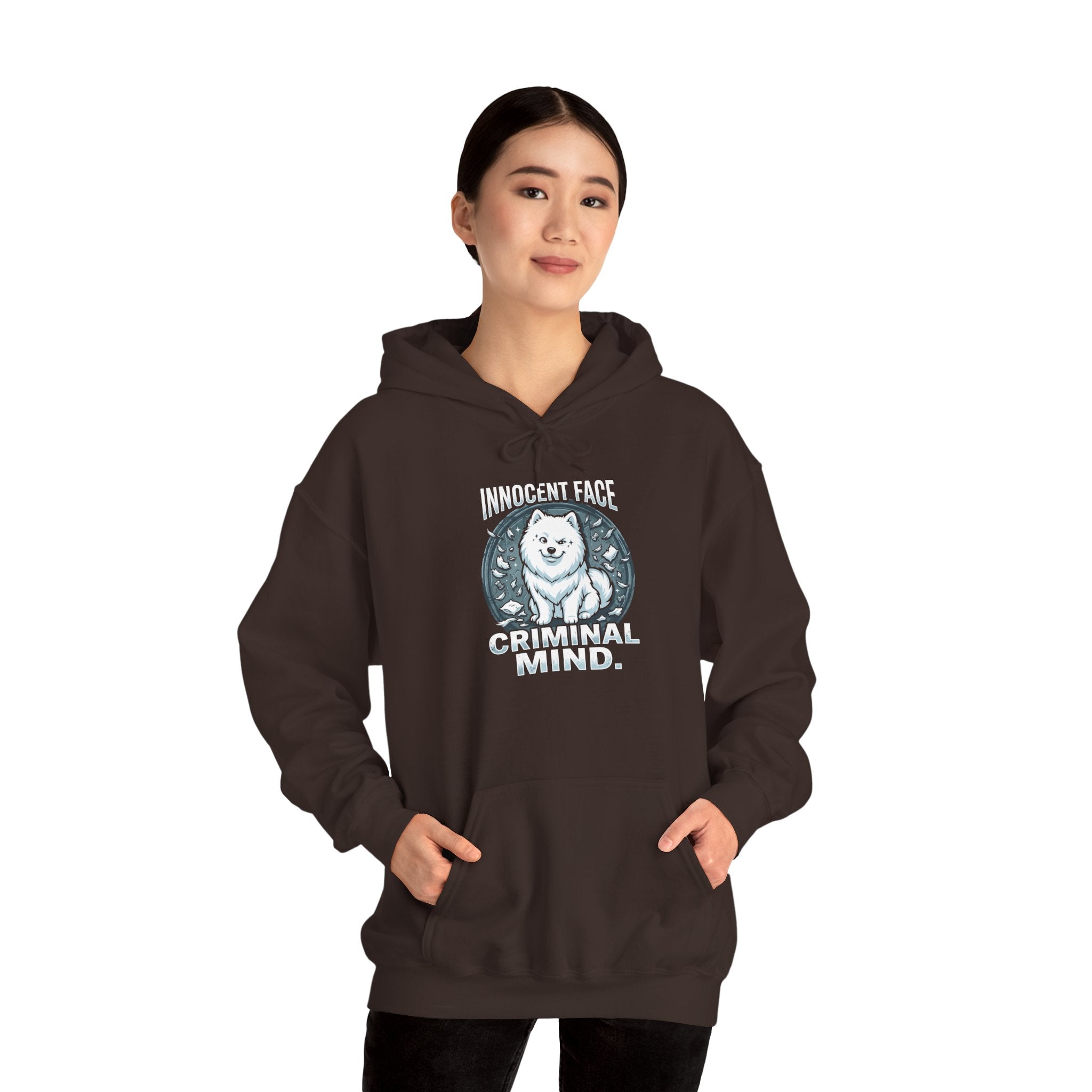Funny Samoyed Hoodie – Innocent Face, Criminal Mind | Samoyed Mom Gift, Dog Dad Sweatshirt, Fluffy Dog Humor Shirt