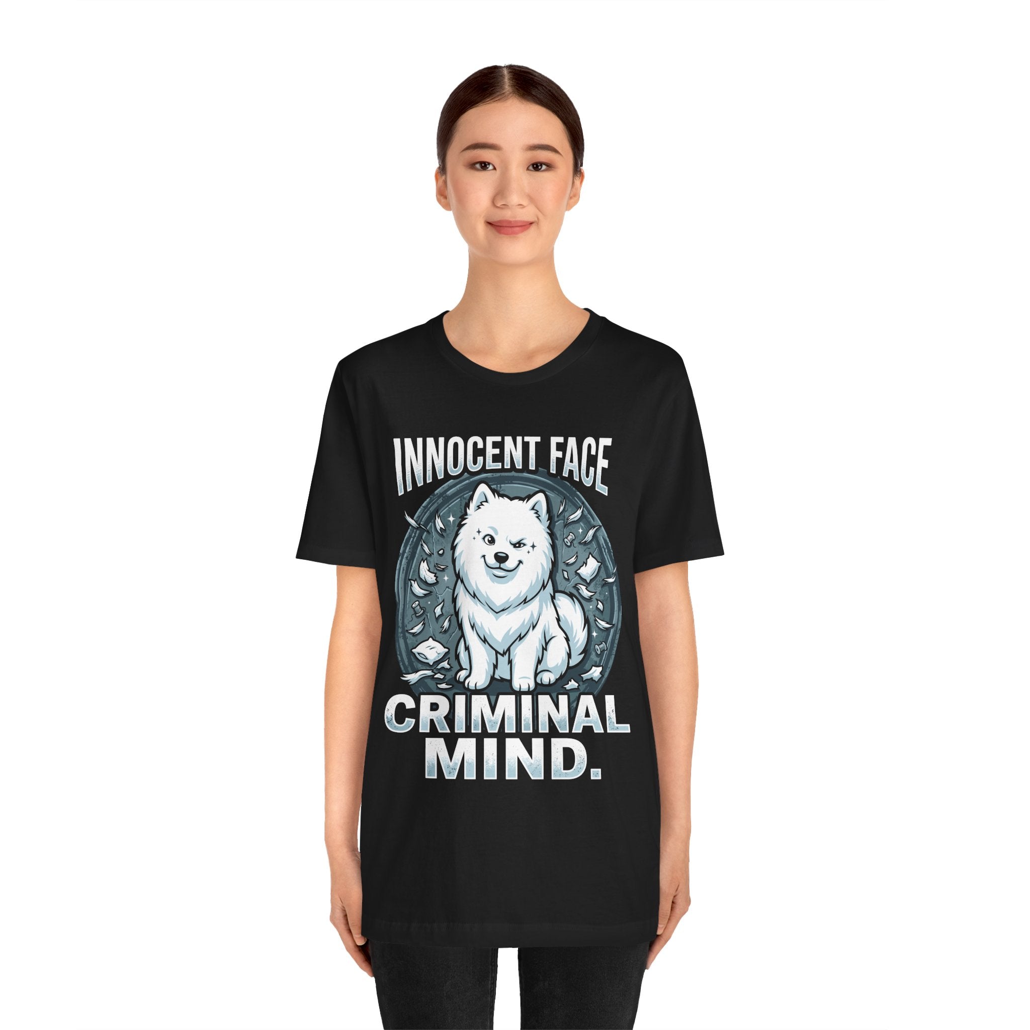 Innocent Face Criminal Mind Samoyed T-Shirt | Funny Samoyed Owner Gift