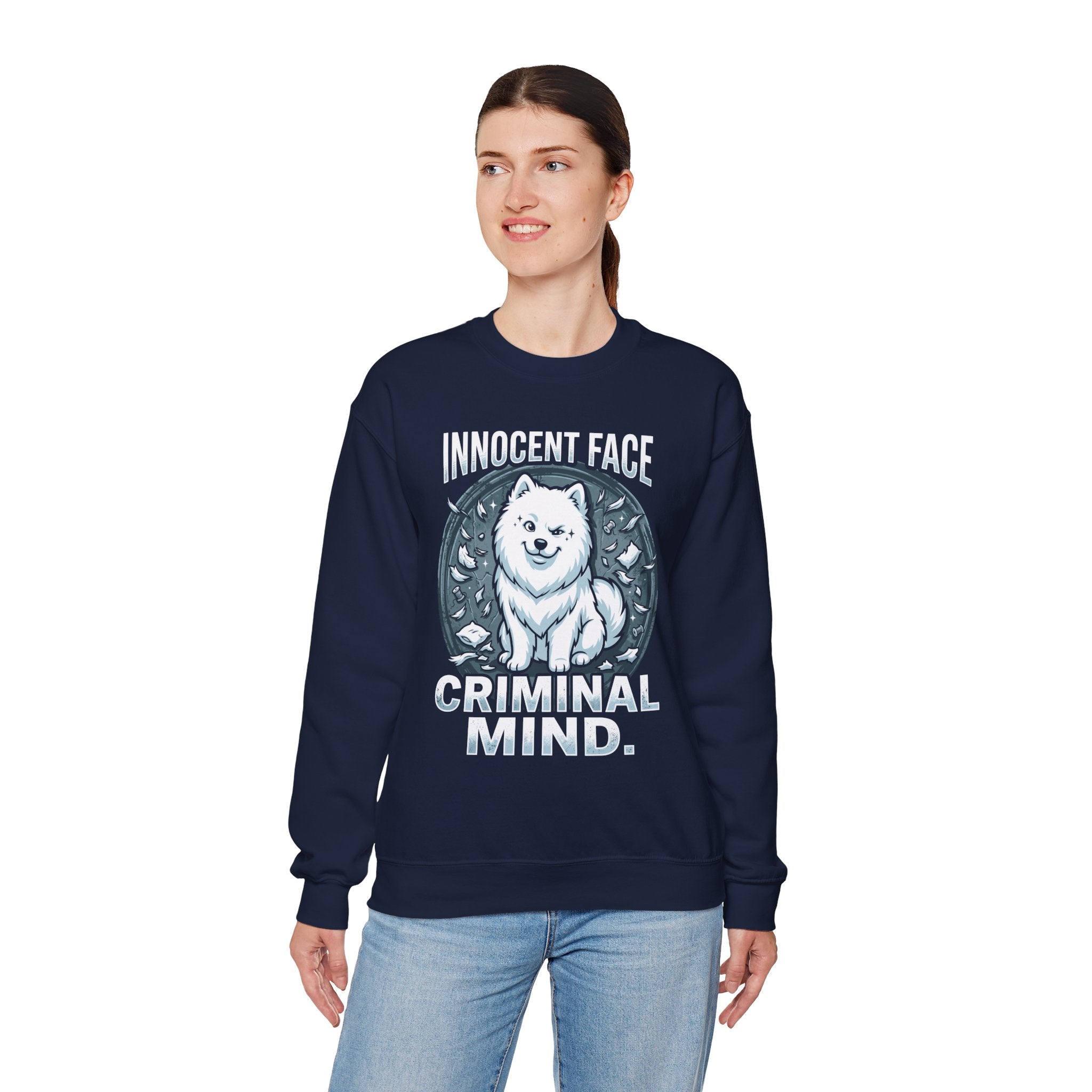 Innocent Face Criminal Mind | Funny Samoyed  Sweatshirt | Samoyed Owner Gift | Fluffy Dog Mom  Dad Crewneck