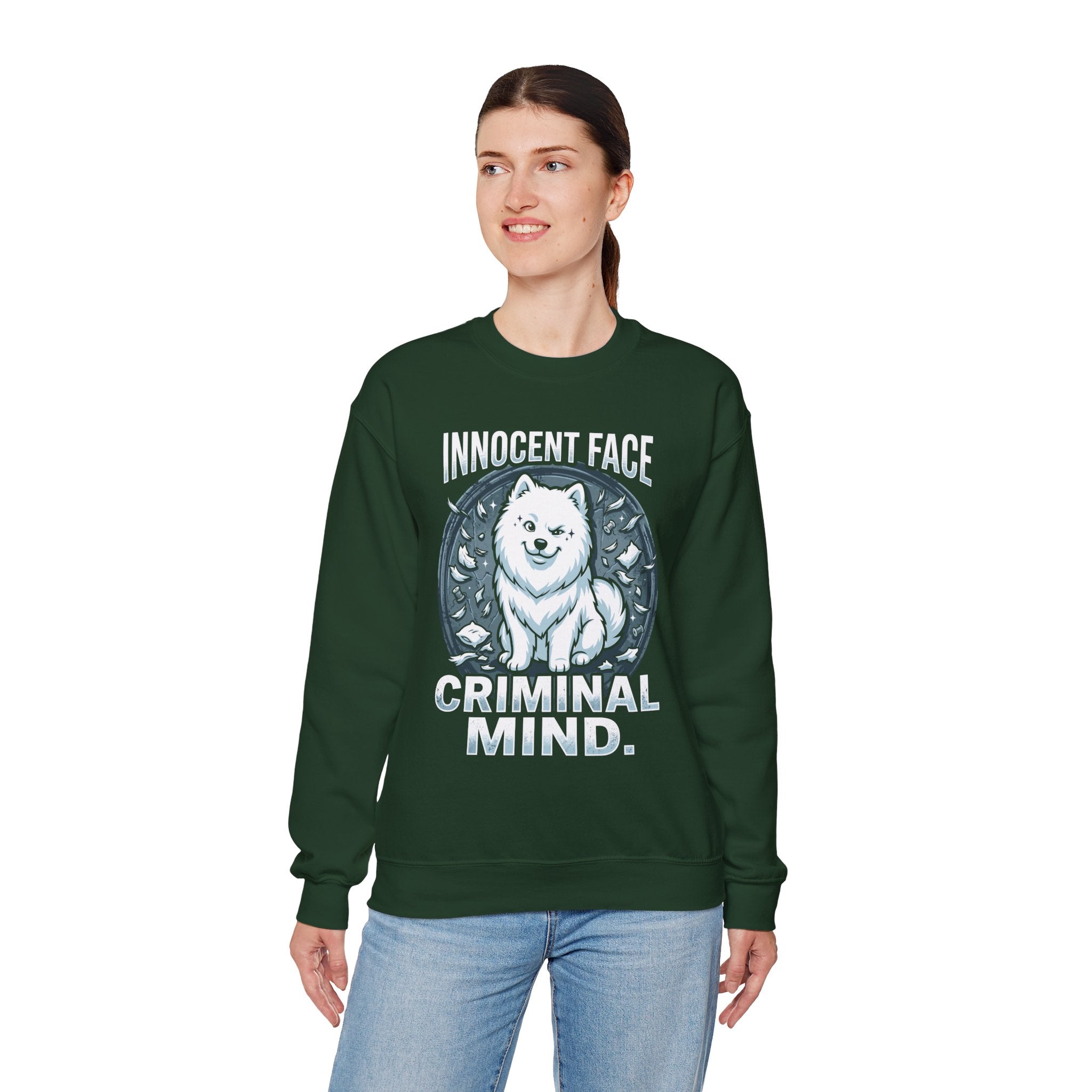 Innocent Face Criminal Mind | Funny Samoyed  Sweatshirt | Samoyed Owner Gift | Fluffy Dog Mom  Dad Crewneck