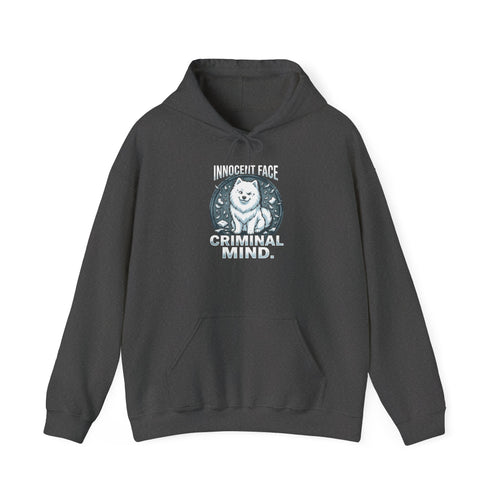 Funny Samoyed Hoodie – Innocent Face, Criminal Mind | Samoyed Mom Gift, Dog Dad Sweatshirt, Fluffy Dog Humor Shirt