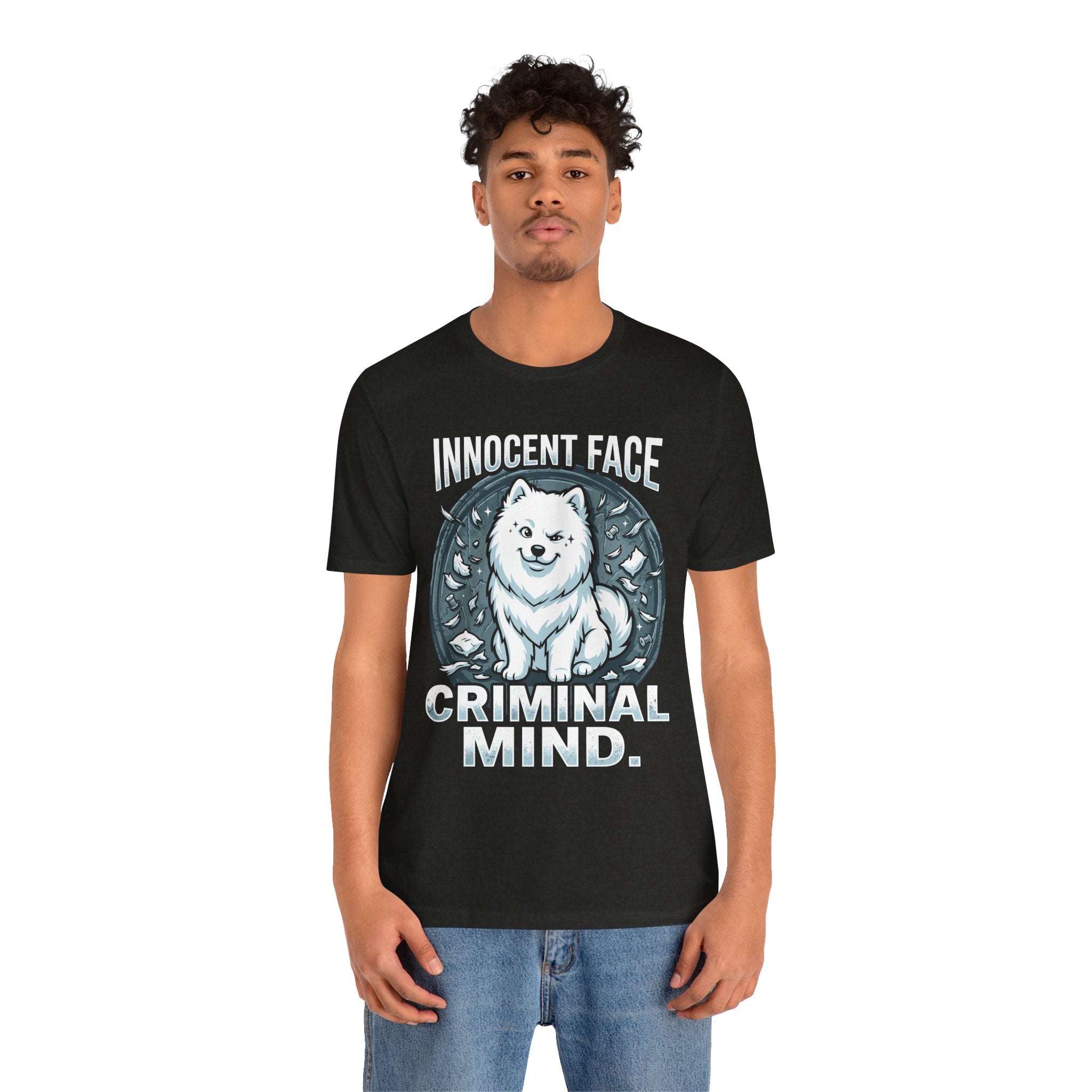 Innocent Face Criminal Mind Samoyed T-Shirt | Funny Samoyed Owner Gift