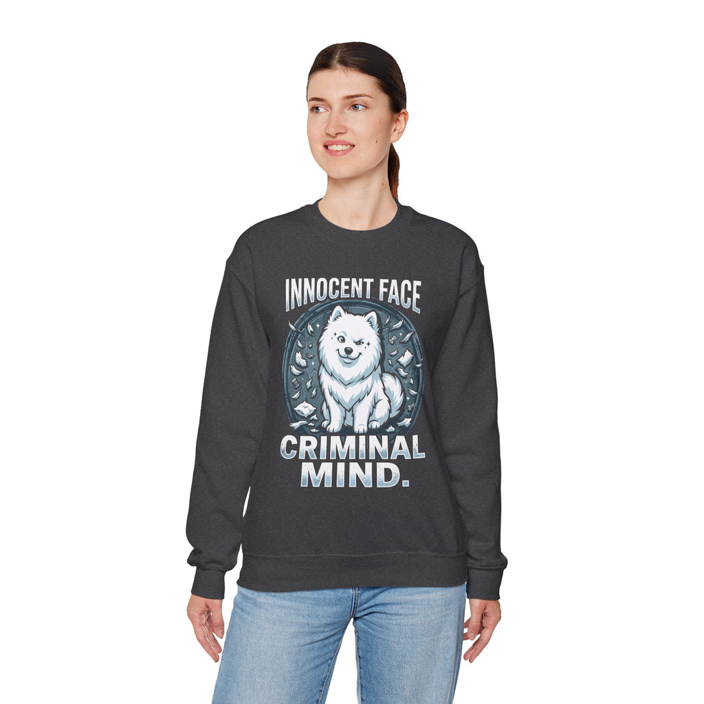 Innocent Face Criminal Mind | Funny Samoyed  Sweatshirt | Samoyed Owner Gift | Fluffy Dog Mom  Dad Crewneck