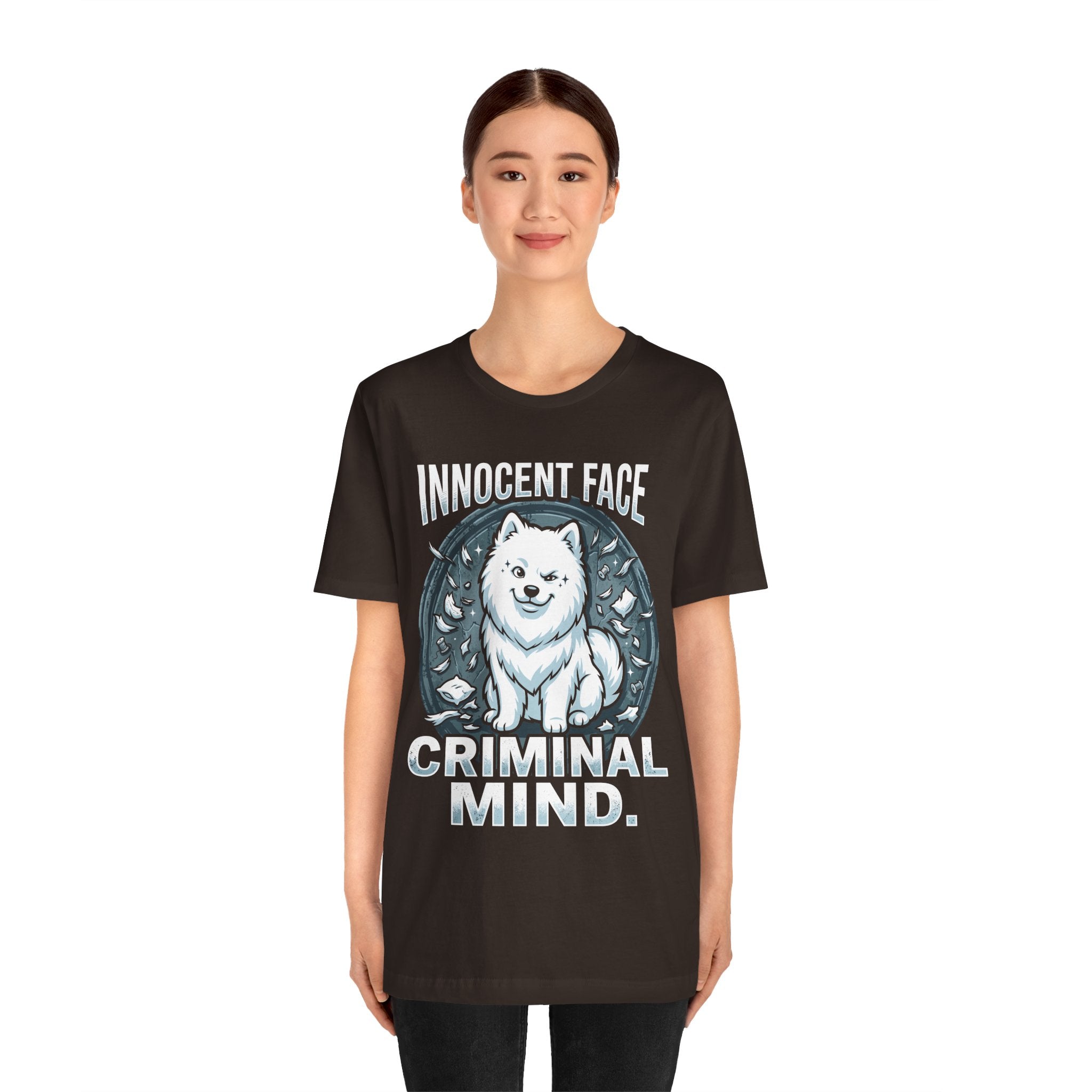 Innocent Face Criminal Mind Samoyed T-Shirt | Funny Samoyed Owner Gift