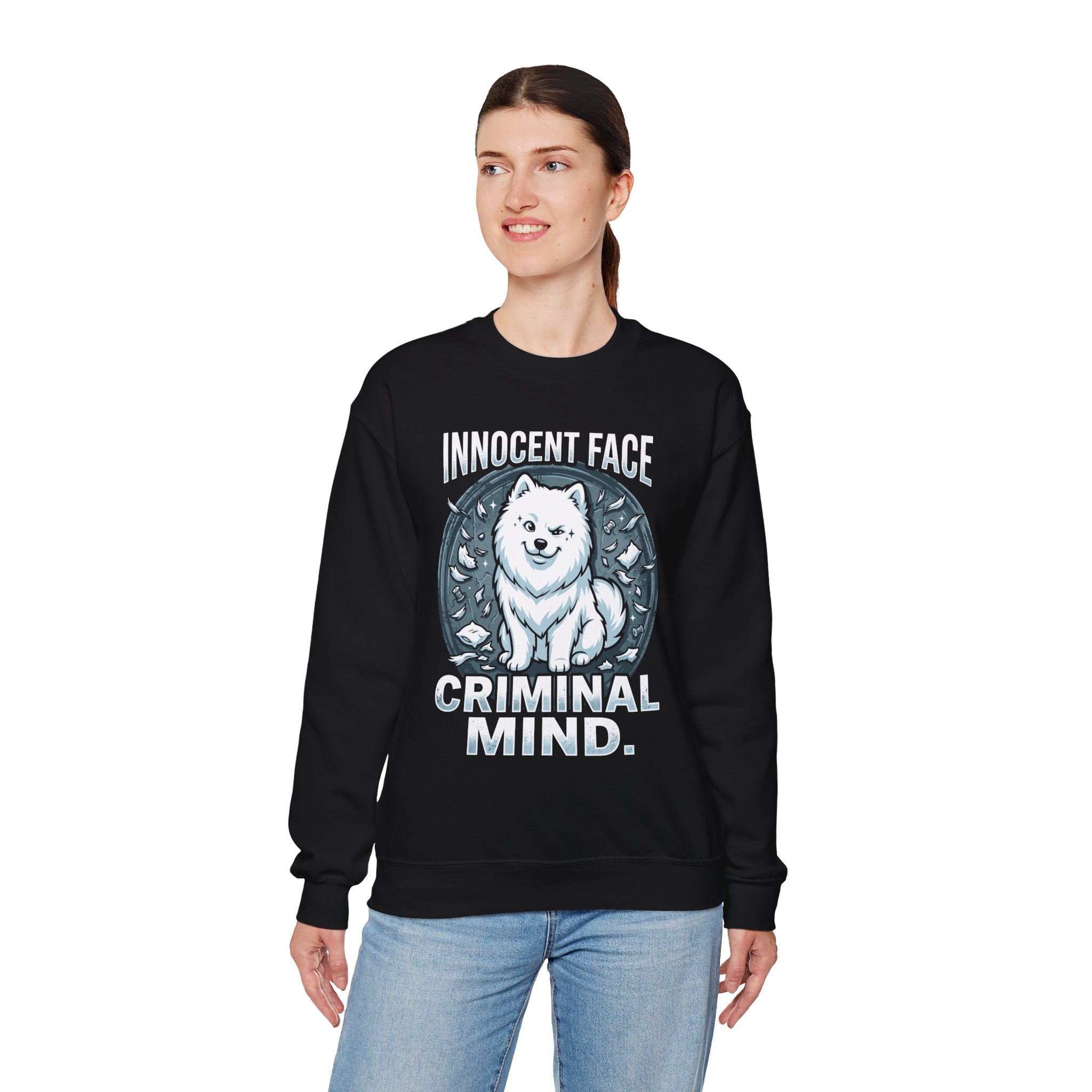 Innocent Face Criminal Mind | Funny Samoyed  Sweatshirt | Samoyed Owner Gift | Fluffy Dog Mom  Dad Crewneck