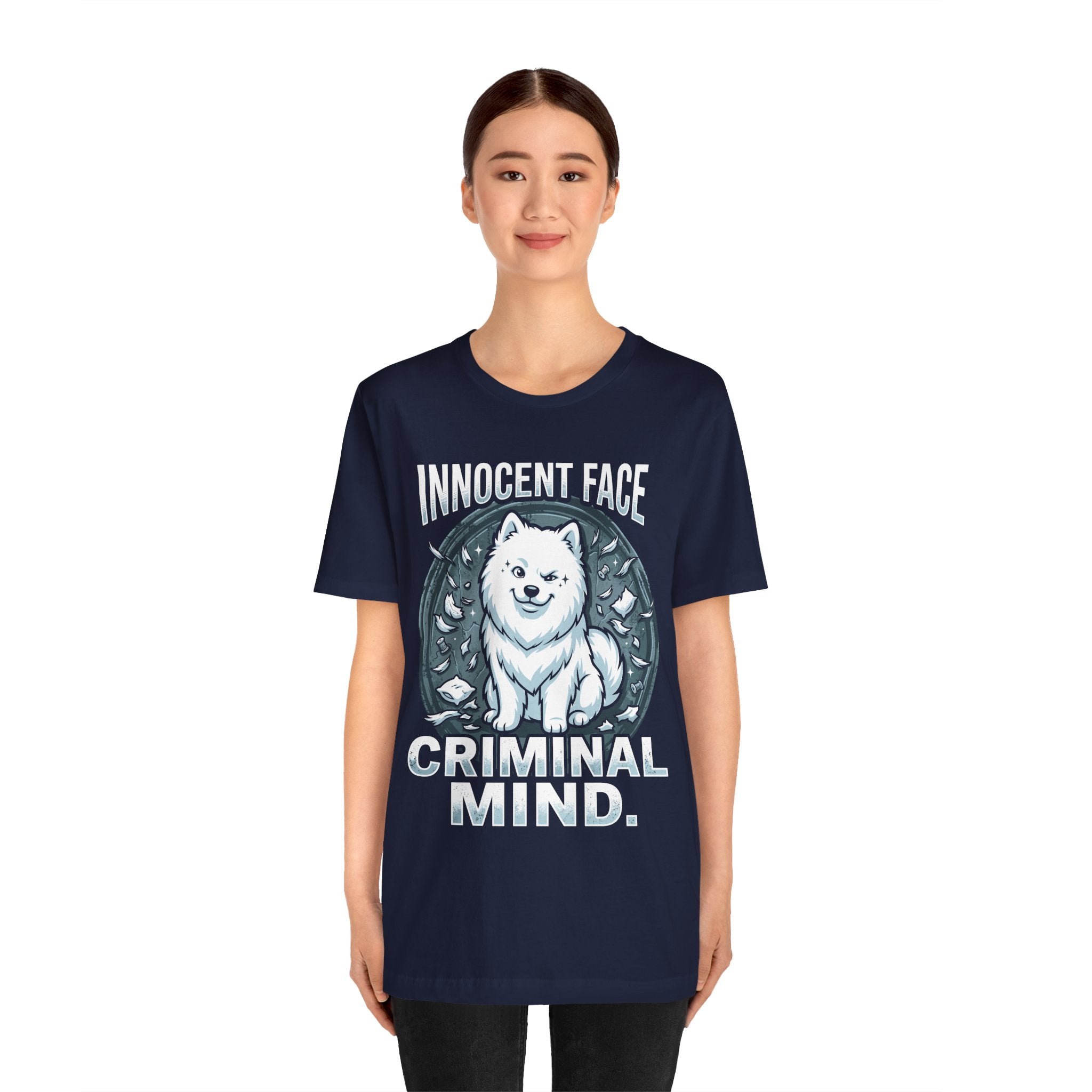 Innocent Face Criminal Mind Samoyed T-Shirt | Funny Samoyed Owner Gift